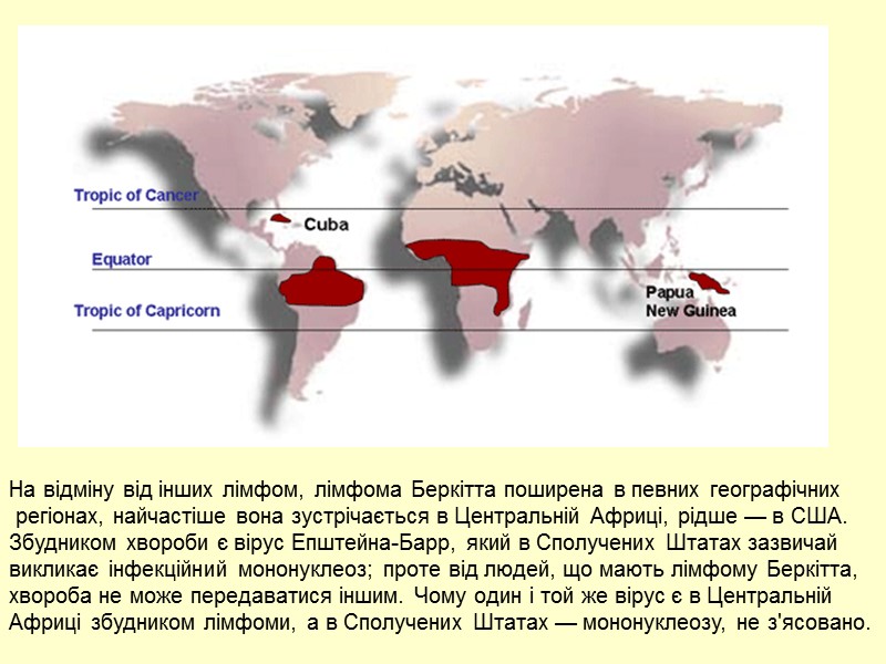 На відміну від інших лімфом, лімфома Беркітта поширена в певних географічних  регіонах, найчастіше